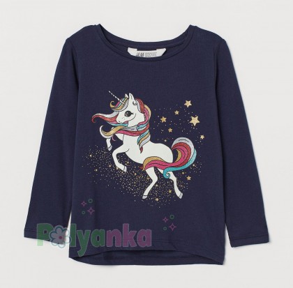 H&M Футболка с длинным рукавом детская синяя с единорожком - Картинка 1