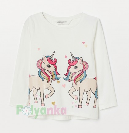 H&M Футболка с длинным рукавом для девочки "Единорог 2" белая - Картинка 1