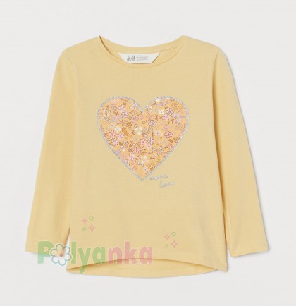 H&M Футболка с длинным рукавом для девочки "Сердце" жёлтая - Картинка 1