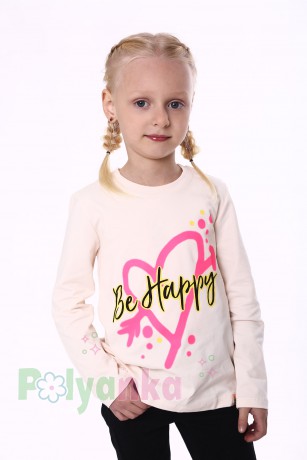 Wanex Футболка с длинным рукавом для девочки молочная с сердцем "Be happy" - Картинка 1